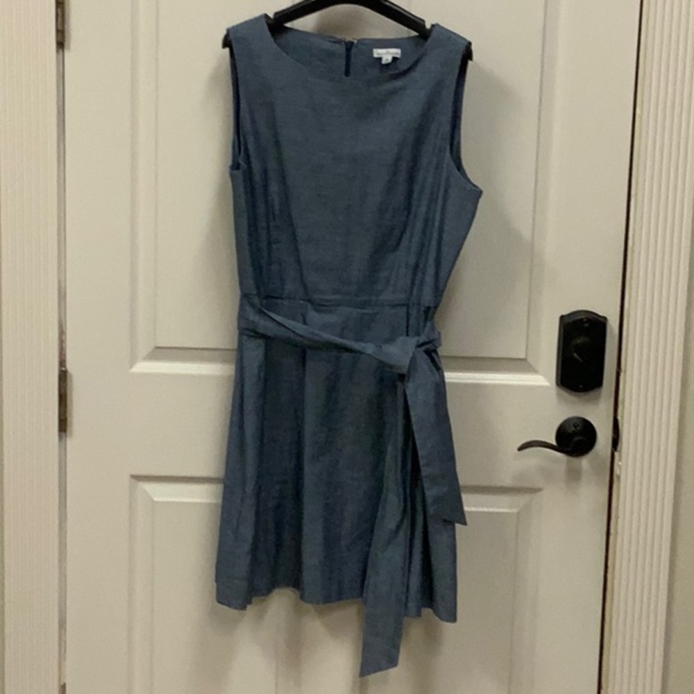 L.L. Bean Sleeveless Chambray Dress, Size 16, Chest=42”, Belted, Zip Back